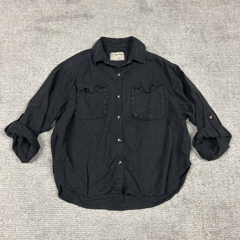 We The Free People Top Womens XS Made For Sun Black Linen Blend Shirt Oversized